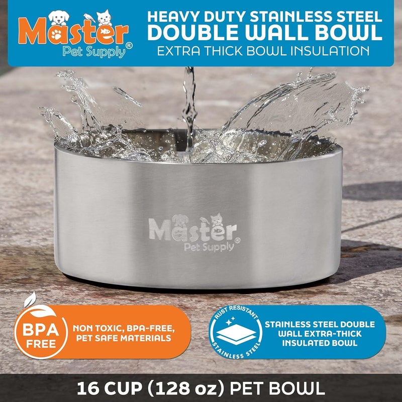 Master Pet Supply Stainless Steel Dog Bowls - 128 oz, Heavy Duty - Stainless Steel, Double Wall Extra-Thick Insulated, Non-Slip Pet Water Bowl for Dogs, Cats & Pets, Anti Rust Metal, Dish Washer Safe - Image 2